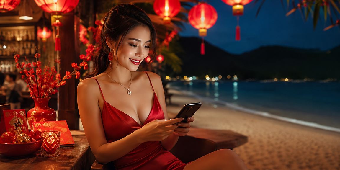 Khung cảnh ban đêm tại Côn Đảo với ánh đèn lồng đỏ rực rỡ